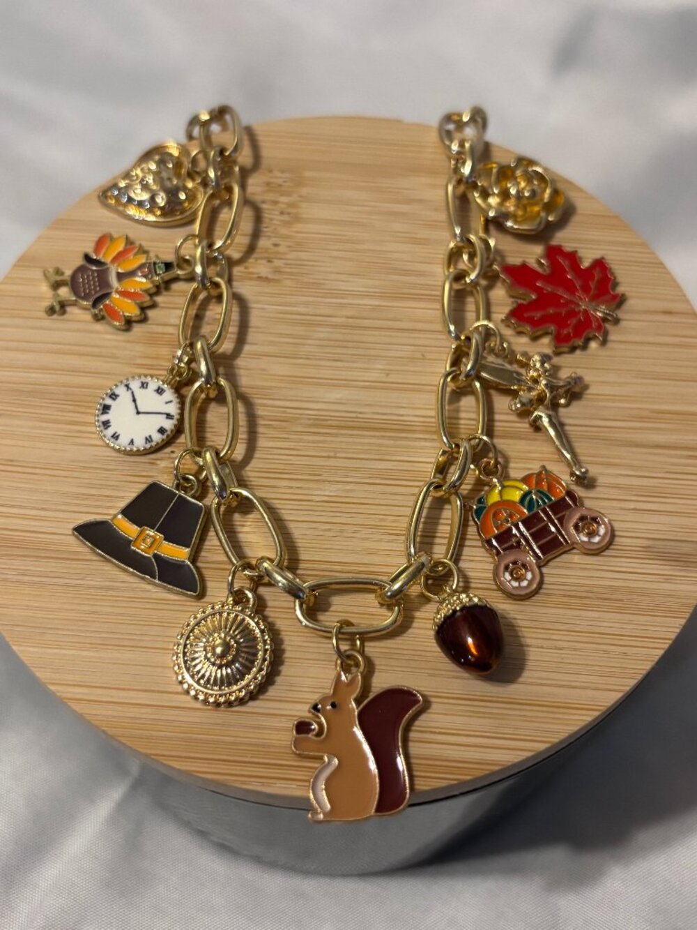 Thanksgiving Fall Harvest Charm Necklace Gold Tone Squirrel Turkey Maple Leaf